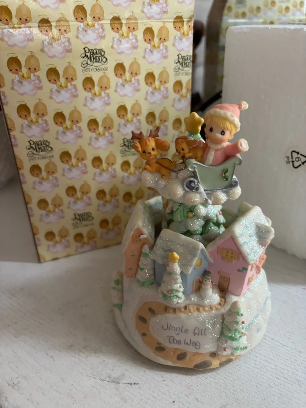 Precious Moments pastel pink and mint glitter holiday village figurine